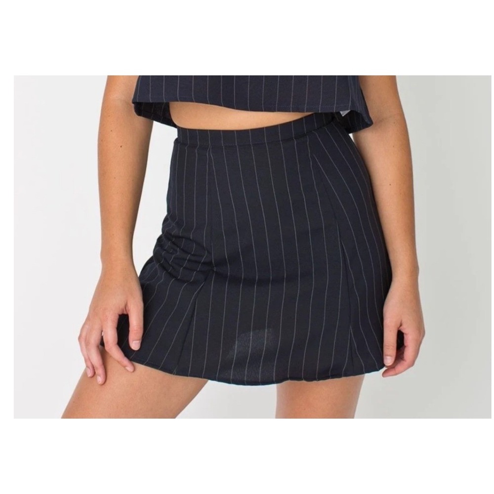 American Apparel Womens XS Navy Blue Pinstripe High Waisted Pleated Mini Skirt